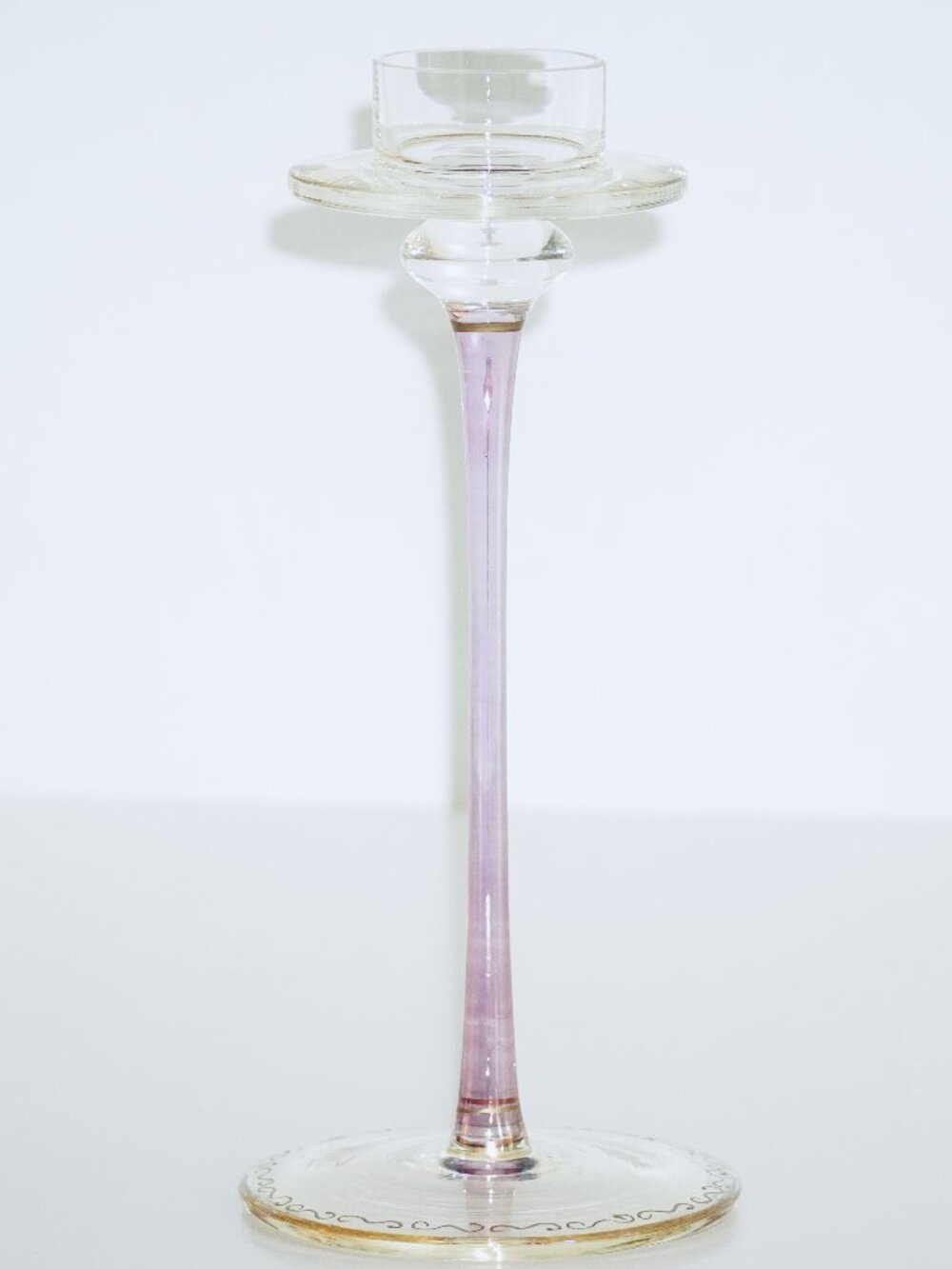 1930s Cambridge Glass Amethyst Taper Candlestick Holder w Gold Gilt Scrollwork